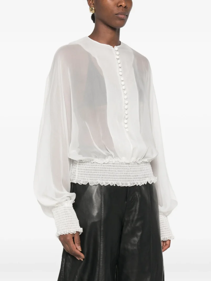 Camasa Balmain Smocked-Waist Silk-Chiffon alb - imagine 3