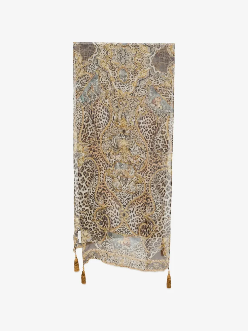 Esarfa Camilla Leopard-Print Tassel-Detail maro