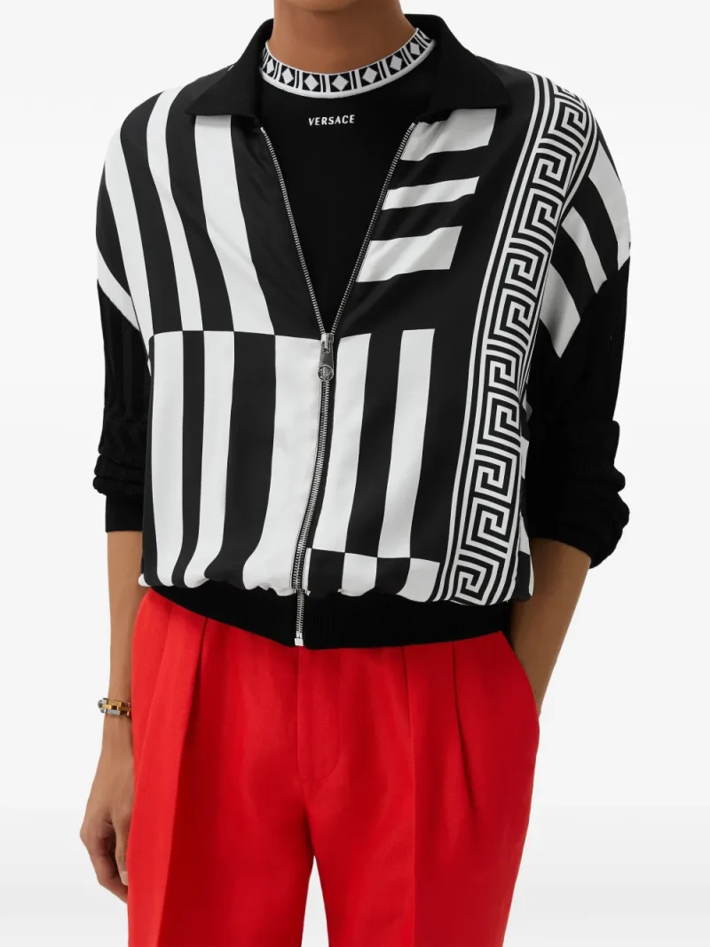 Jacheta Versace Printed Silk Inserts Knit Zip negru - imagine 4