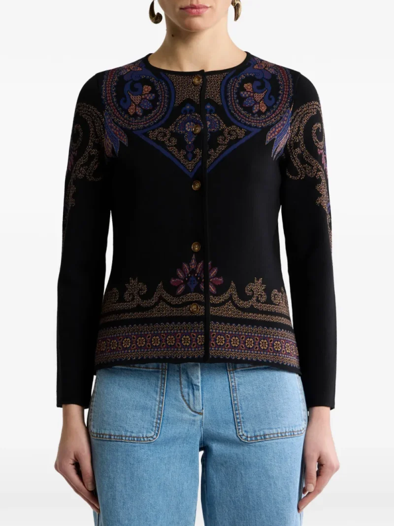 Pulover ETRO Jacquard Cardigan Foliage Motif negru
