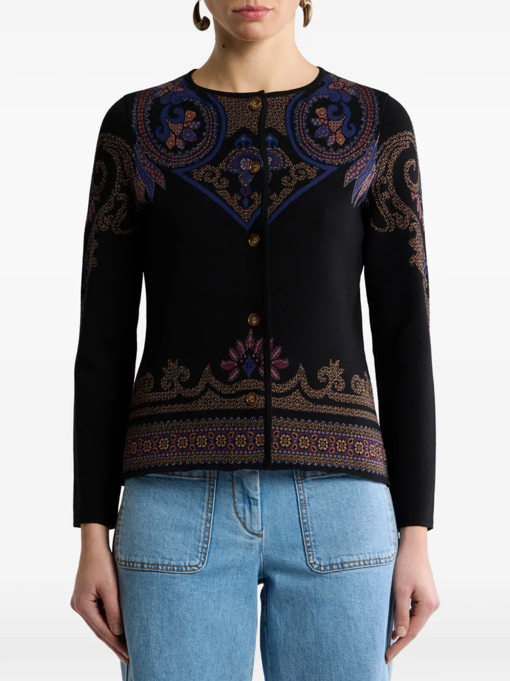 Pulover ETRO Jacquard Cardigan Foliage Motif negru