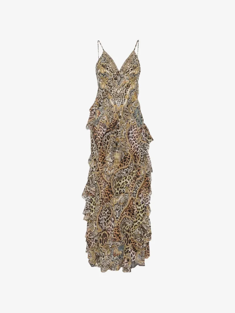 Rochie maxi Camilla Ruffled Leopard-print maro