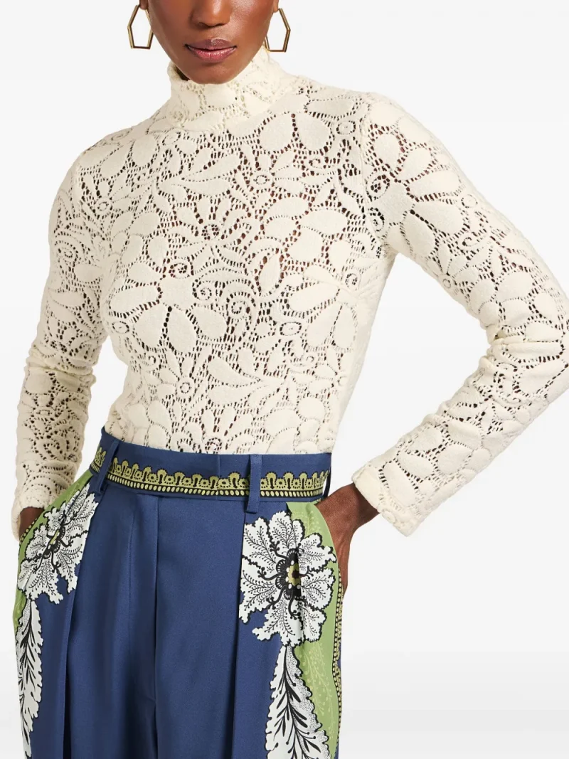 Bluza La DoubleJ Floral-Pattern Lace Turtleneck ecru - imagine 3