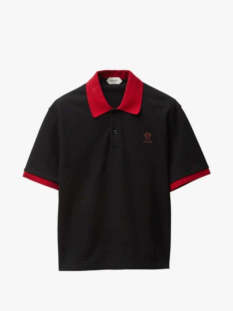 Tricou Versace Embroidered-Logo Cotton Pique Polo negru