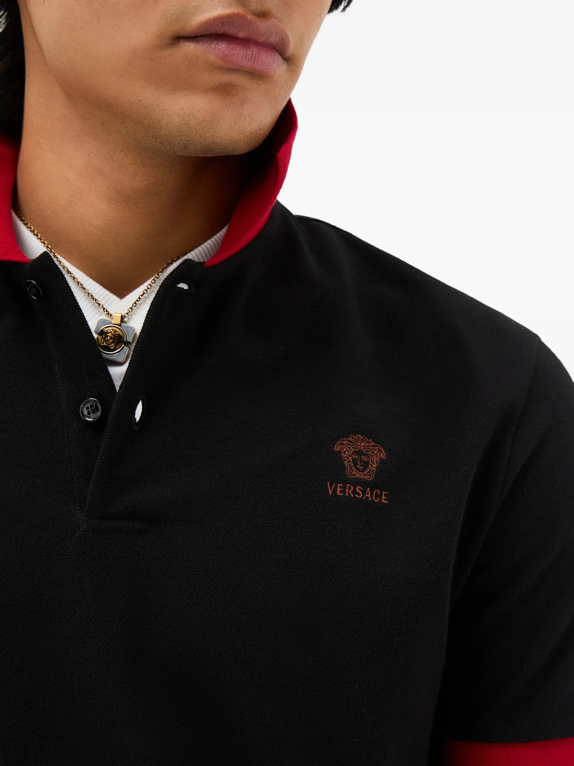 Tricou Versace Embroidered-Logo Cotton Pique Polo negru - imagine 4