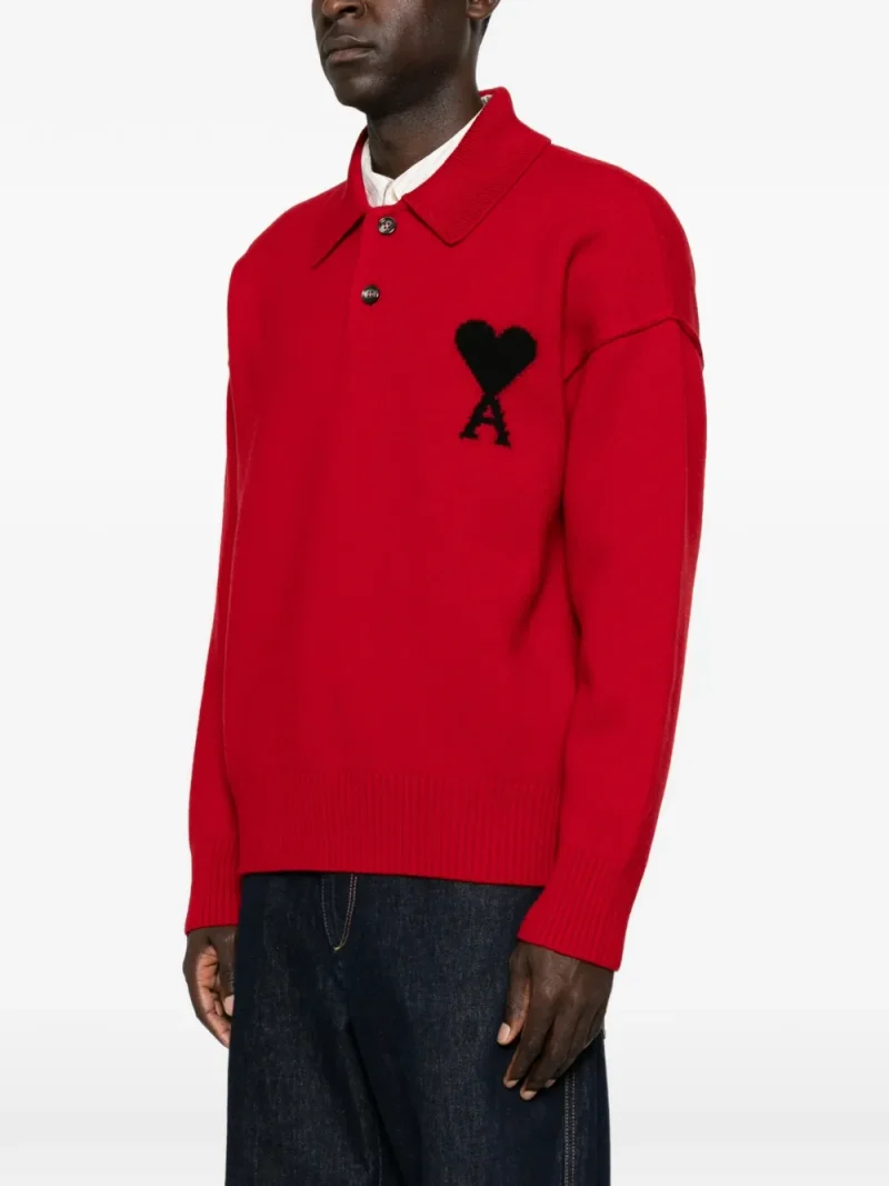 Pulover white wool polo with Ami de Coeur rosu - imagine 3