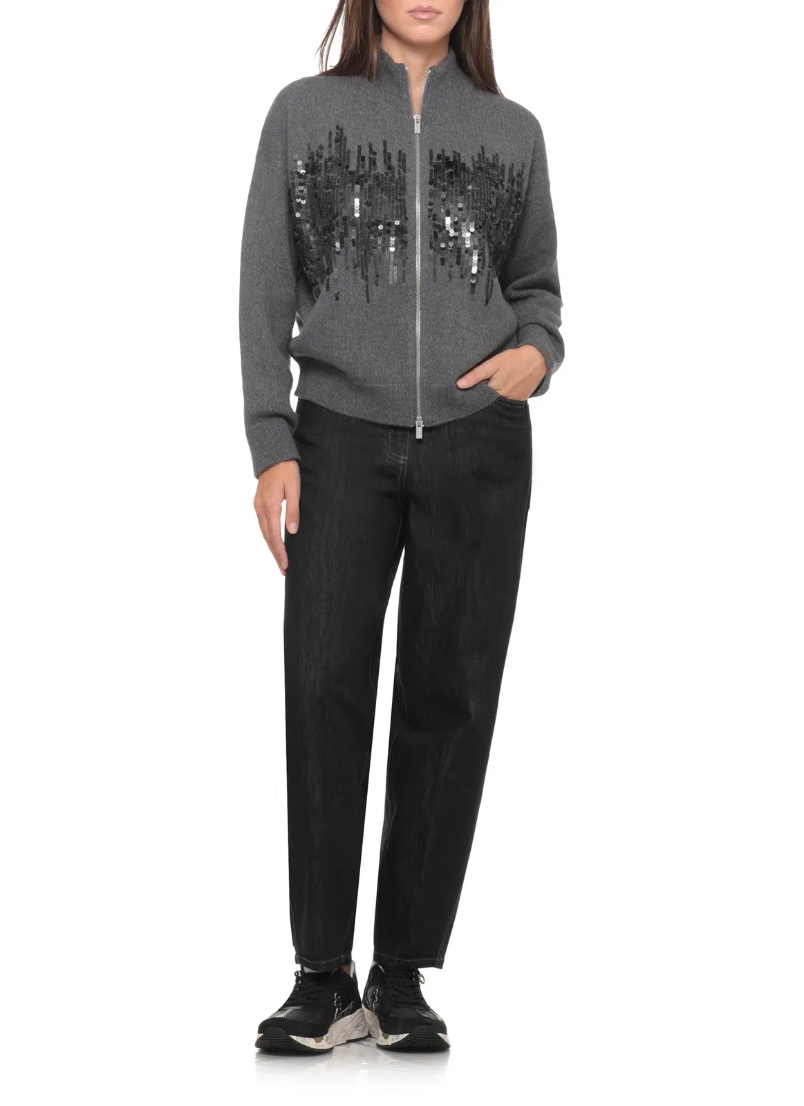 Cardigan Peserico Sequin-Embellished Zip-Up gri - imagine 4