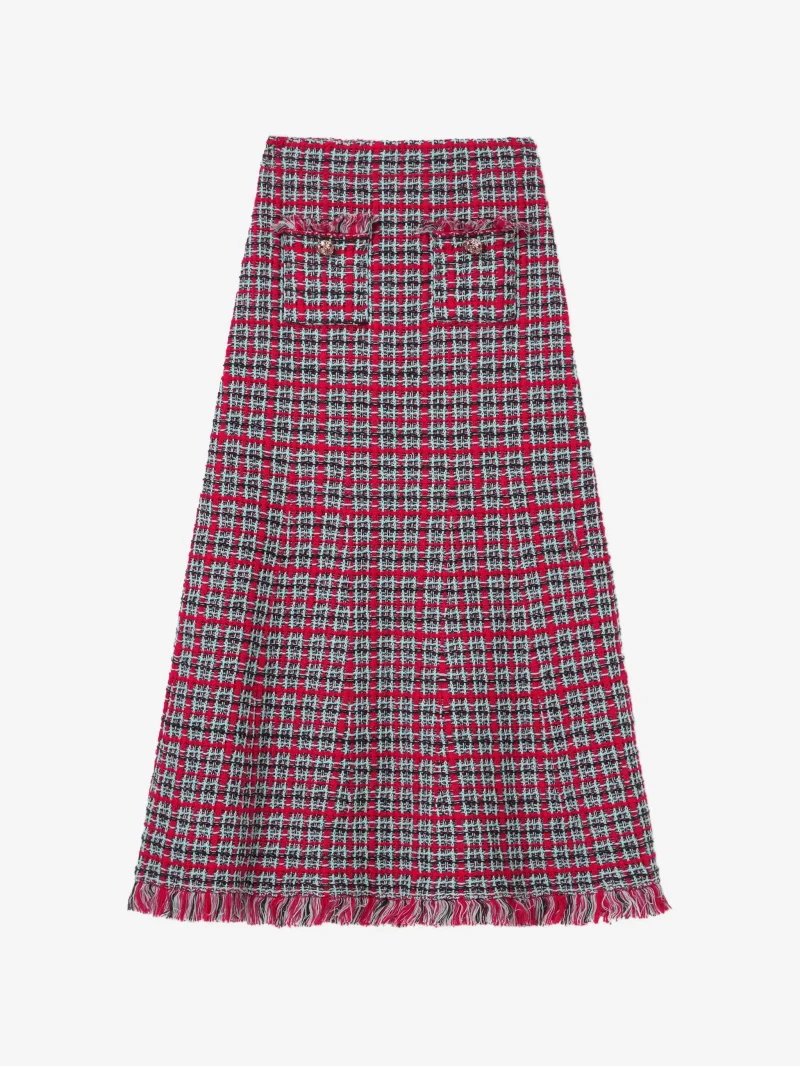 Fusta midi Self-Portrait frayed knit rosu