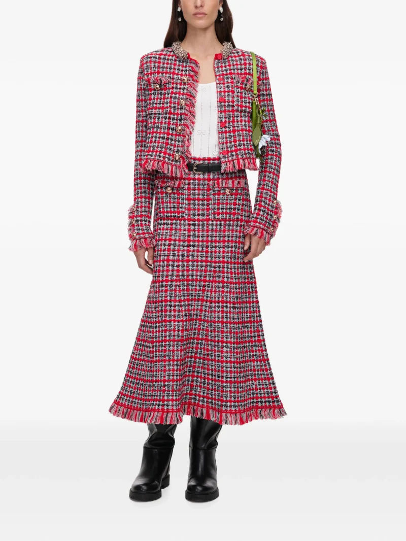Alternative view of Fusta midi Self-Portrait frayed knit rosu