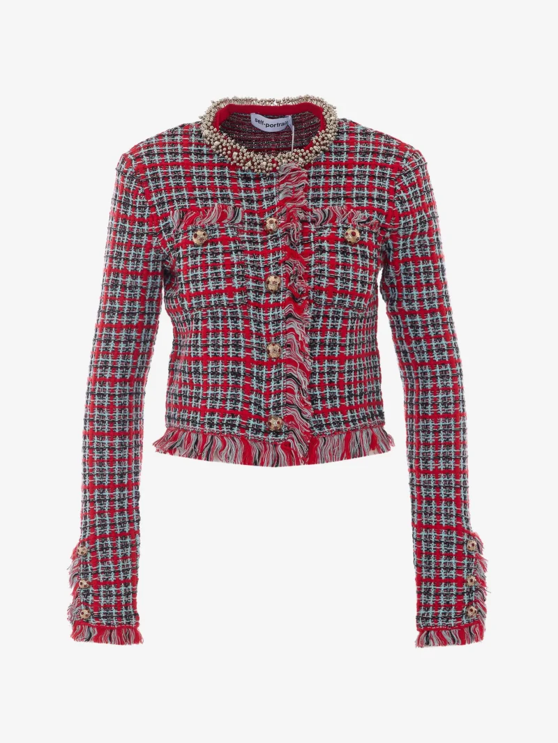 Jacheta Self-Portrait checked frayed knit rosu
