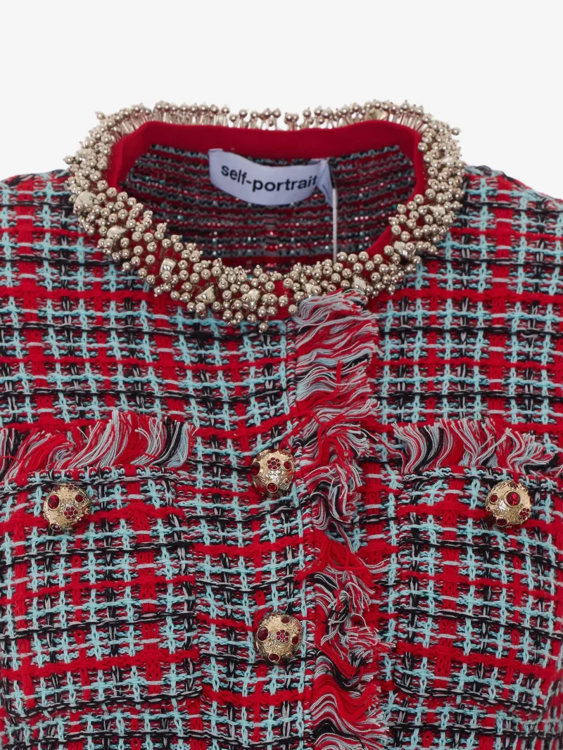Jacheta Self-Portrait checked frayed knit rosu - imagine 3