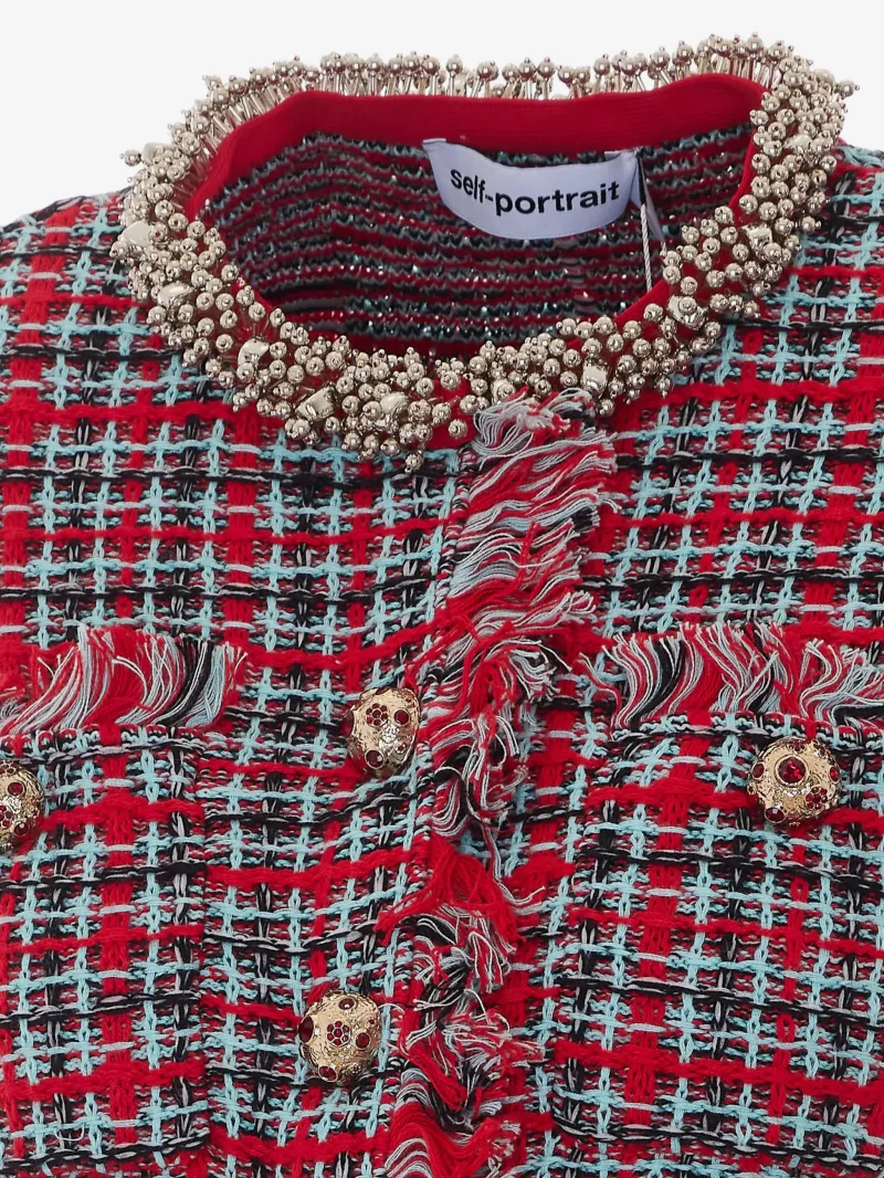 Jacheta Self-Portrait checked frayed knit rosu - imagine 4