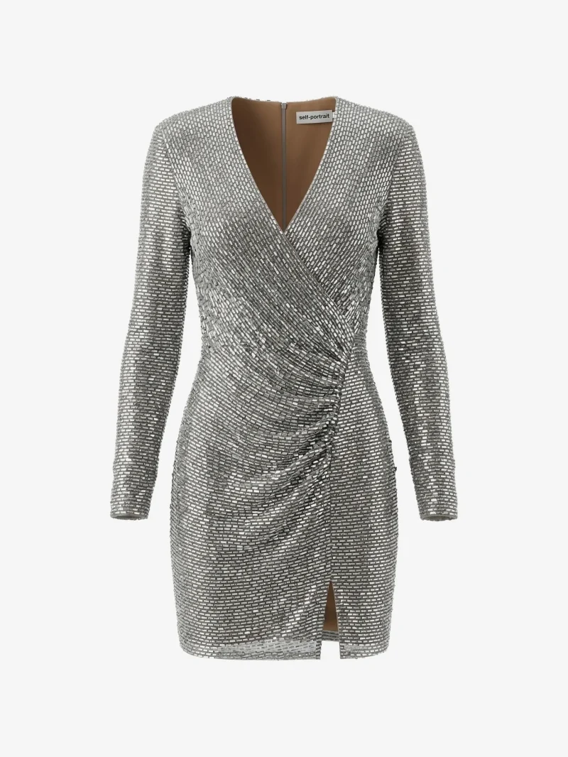 Rochie Self-Portrait rhinestone-embellished wrap-style argintiu