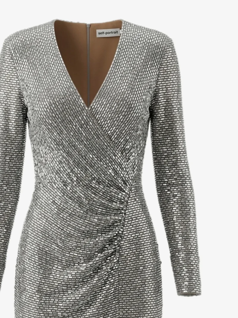 Alternative view of Rochie Self-Portrait rhinestone-embellished wrap-style argintiu