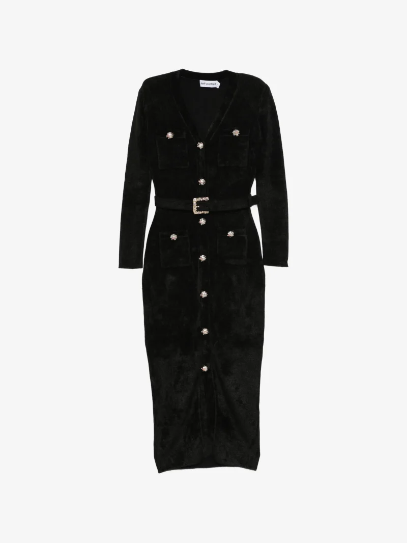 Rochie midi Self-Portrait chenille knit negru