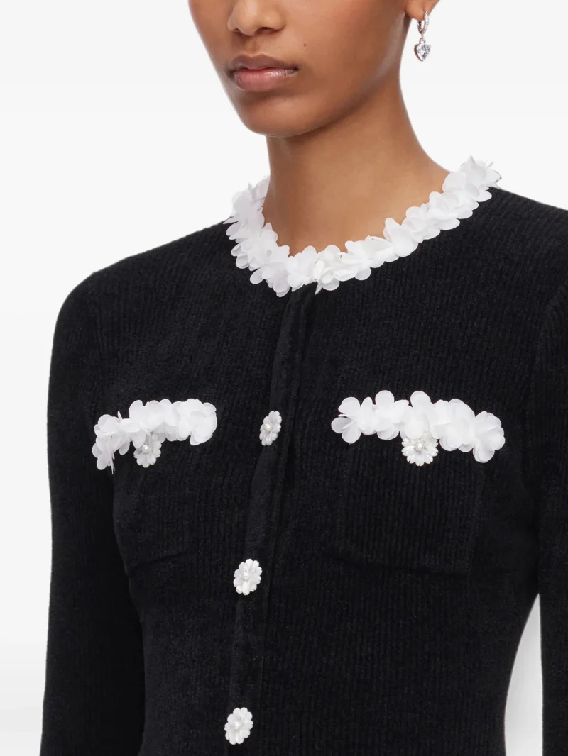 Rochie mini Self-Portrait chenille knit flower-trim negru - imagine 3