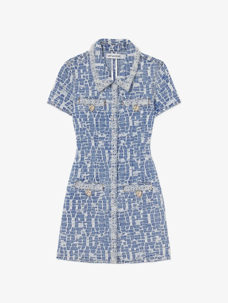 Rochie mini Self-Portrait collared textured denim albastru