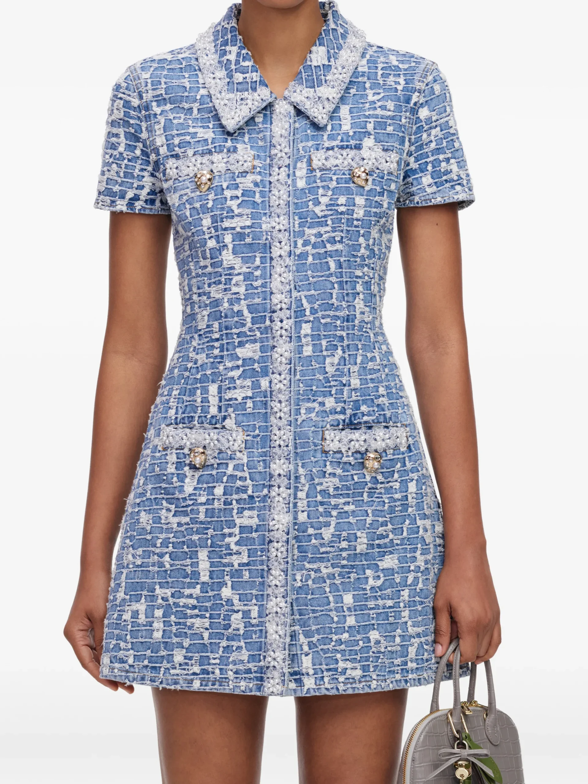 Rochie mini Self-Portrait collared textured denim albastru - imagine 4