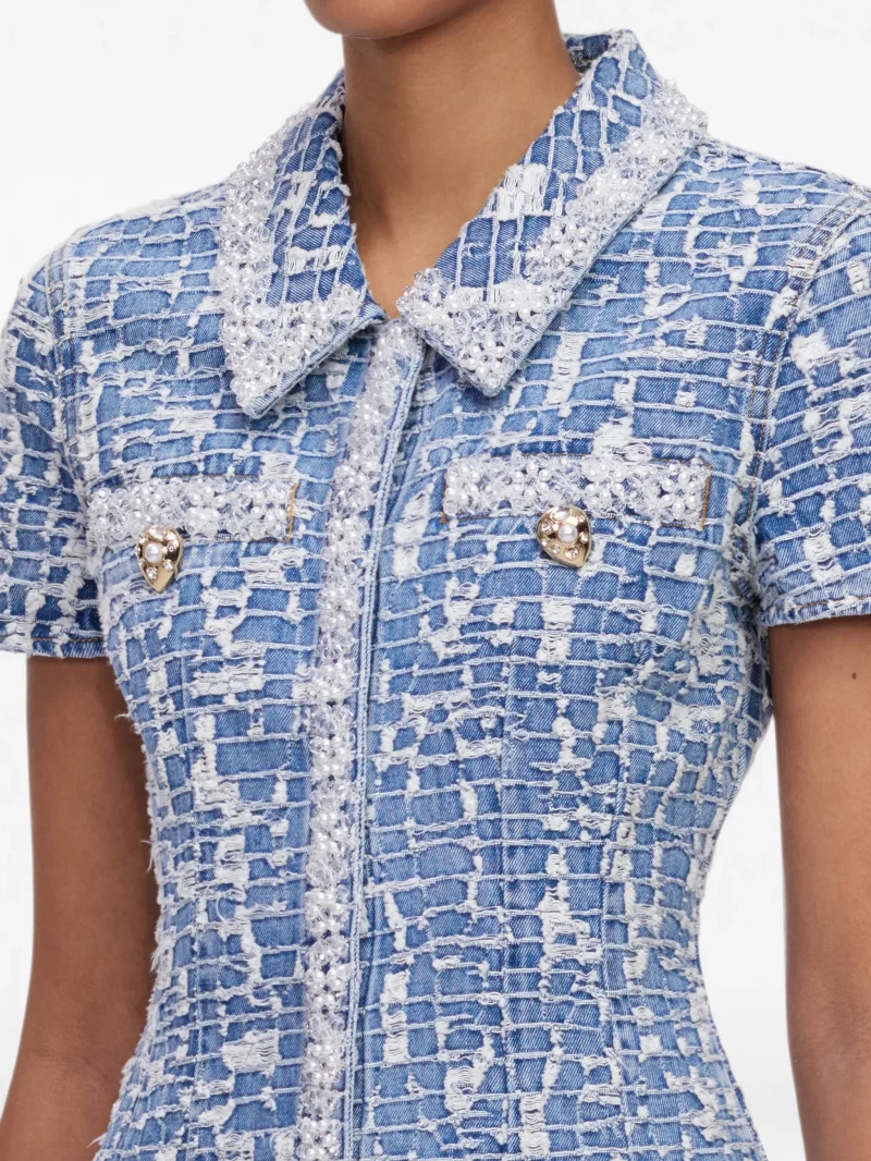 Rochie mini Self-Portrait collared textured denim albastru - imagine 3