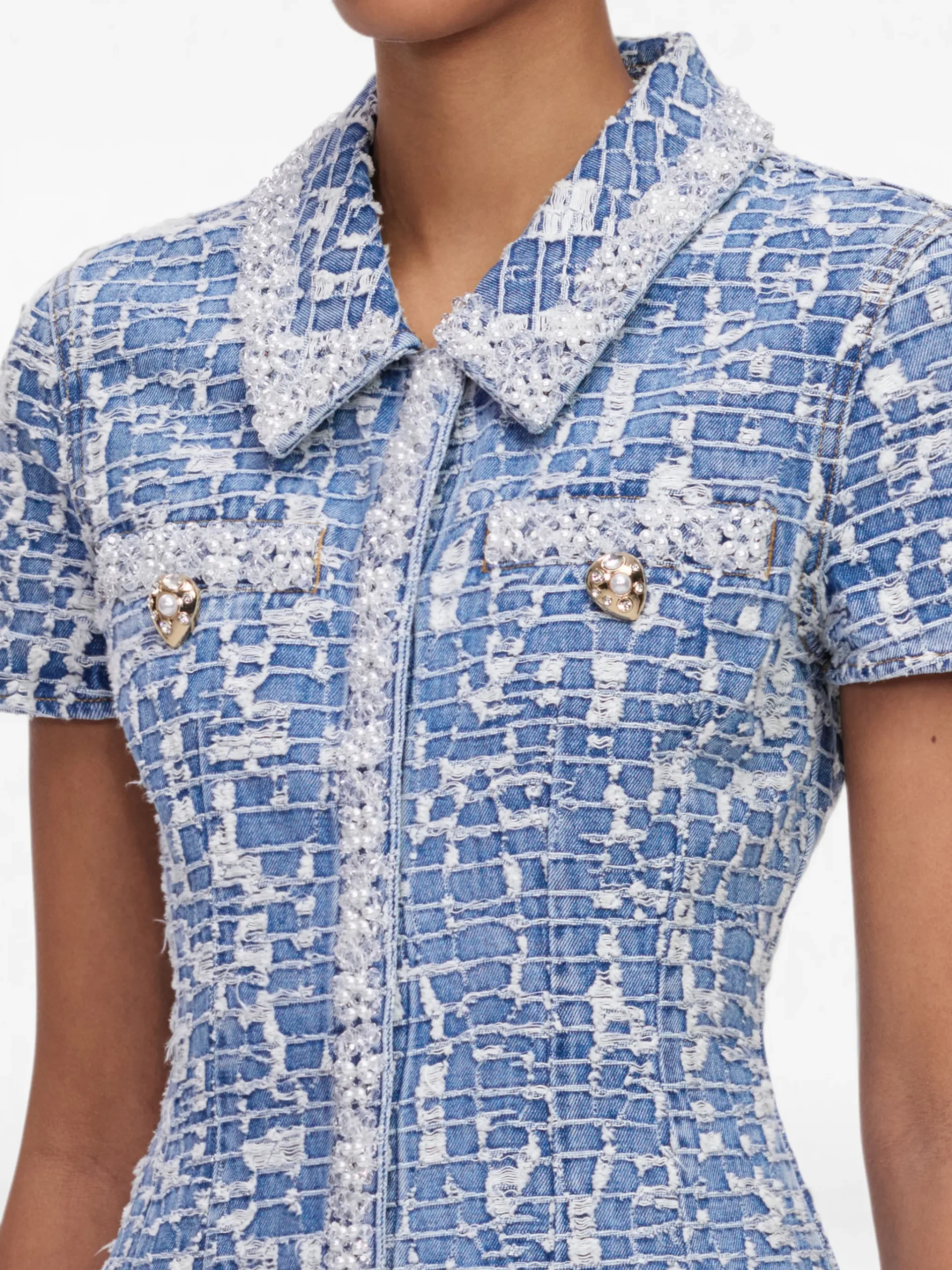 Rochie mini Self-Portrait collared textured denim albastru - imagine 3
