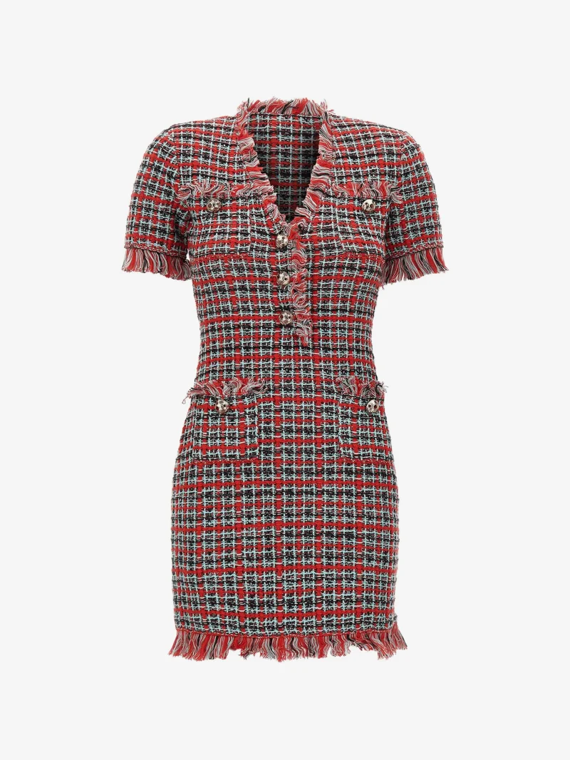 Rochie mini Self-Portrait frayed knit rosu