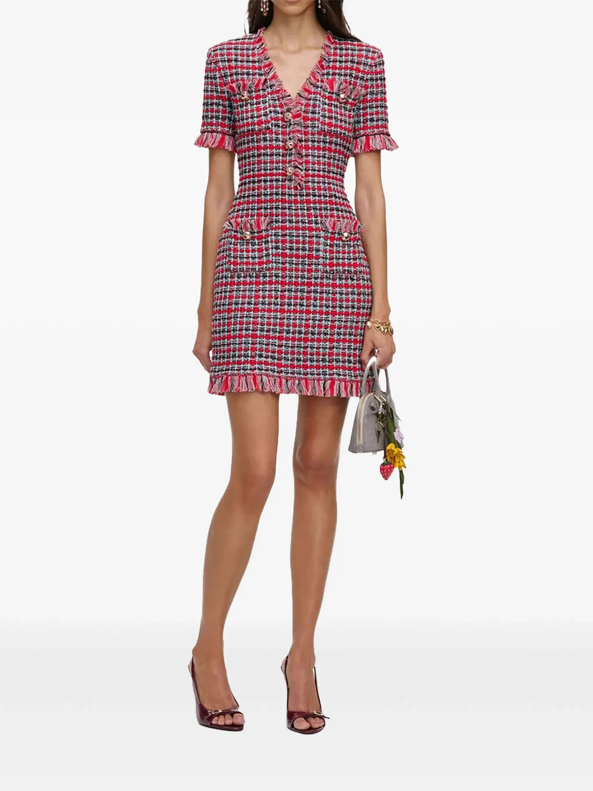 Rochie mini Self-Portrait frayed knit rosu - imagine 2
