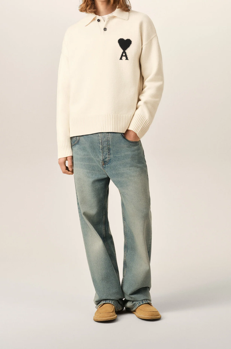 Pulover white wool polo with Ami de Coeur alb - imagine 3