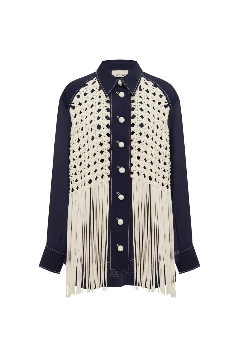 Camasa Alemais Fringe-Trim Woven-Panel bleumarin