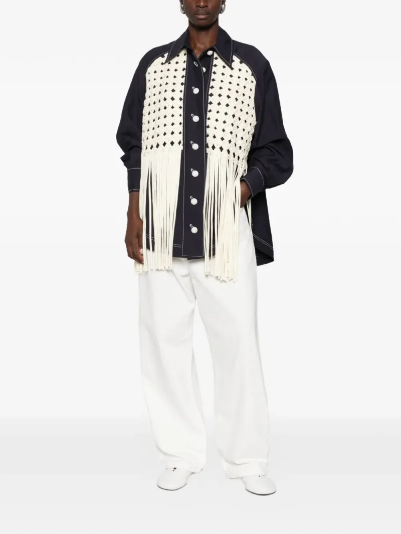Camasa Alemais Fringe-Trim Woven-Panel bleumarin - imagine 4