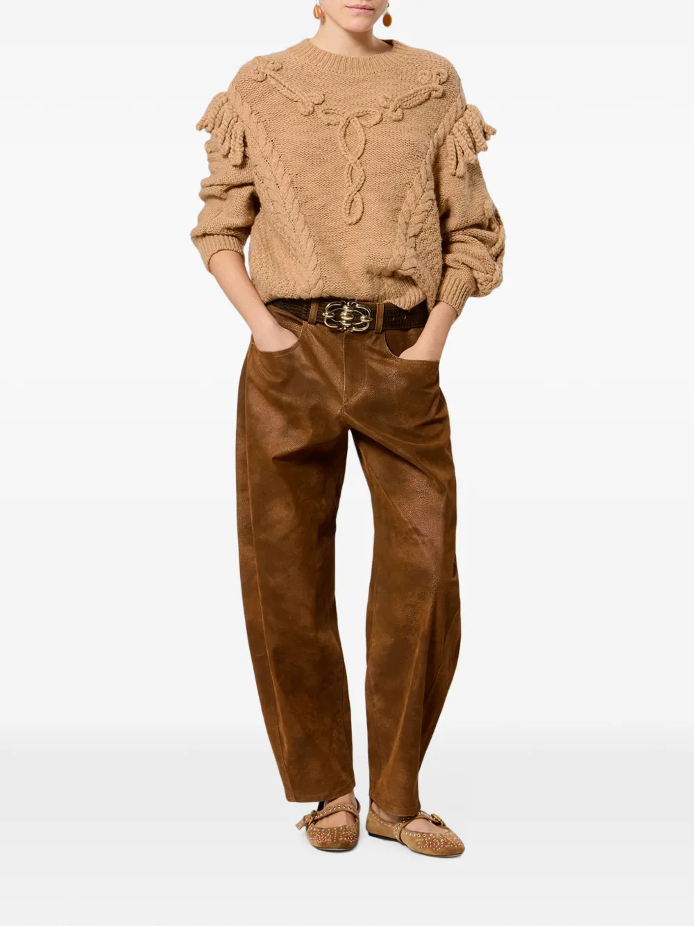 Pulover Marant Etoile Katria Fringe-Detail Aran-Knit bej - imagine 4