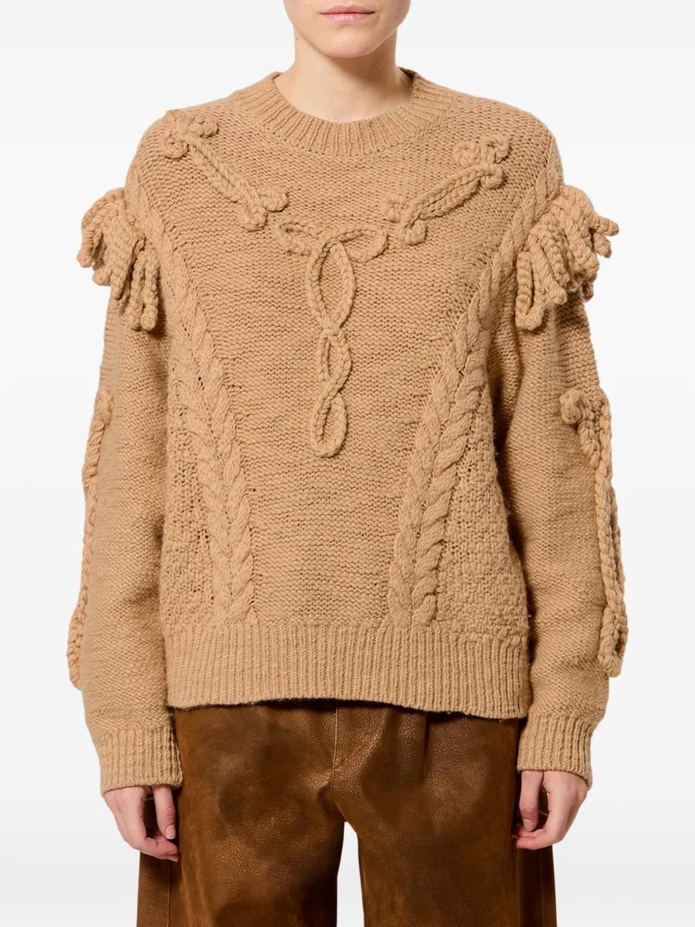 Pulover Marant Etoile Katria Fringe-Detail Aran-Knit bej - imagine 3