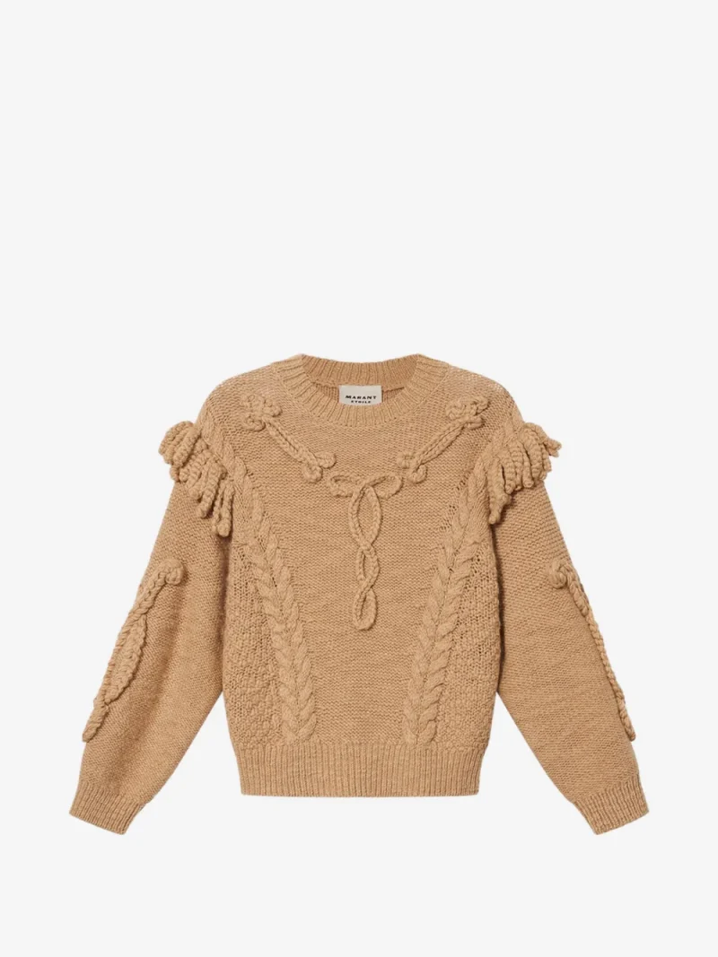 Pulover Marant Etoile Katria Fringe-Detail Aran-Knit bej