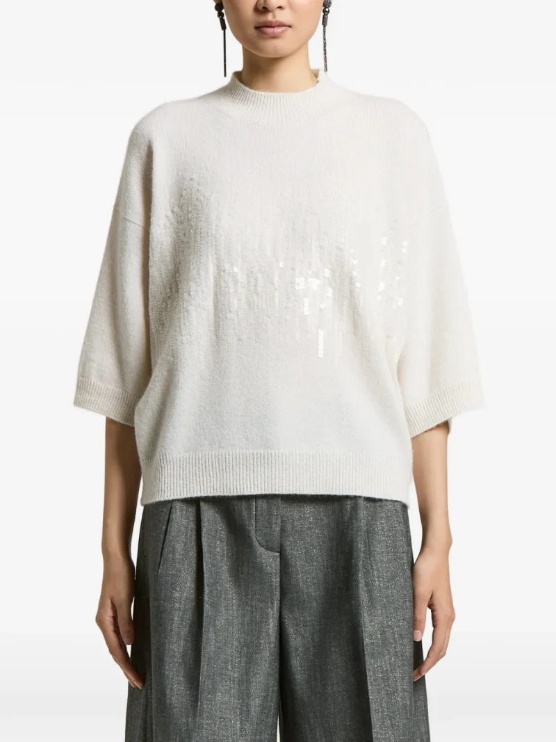 Pulover Peserico Sequin-Embellished Short-Sleeve alb