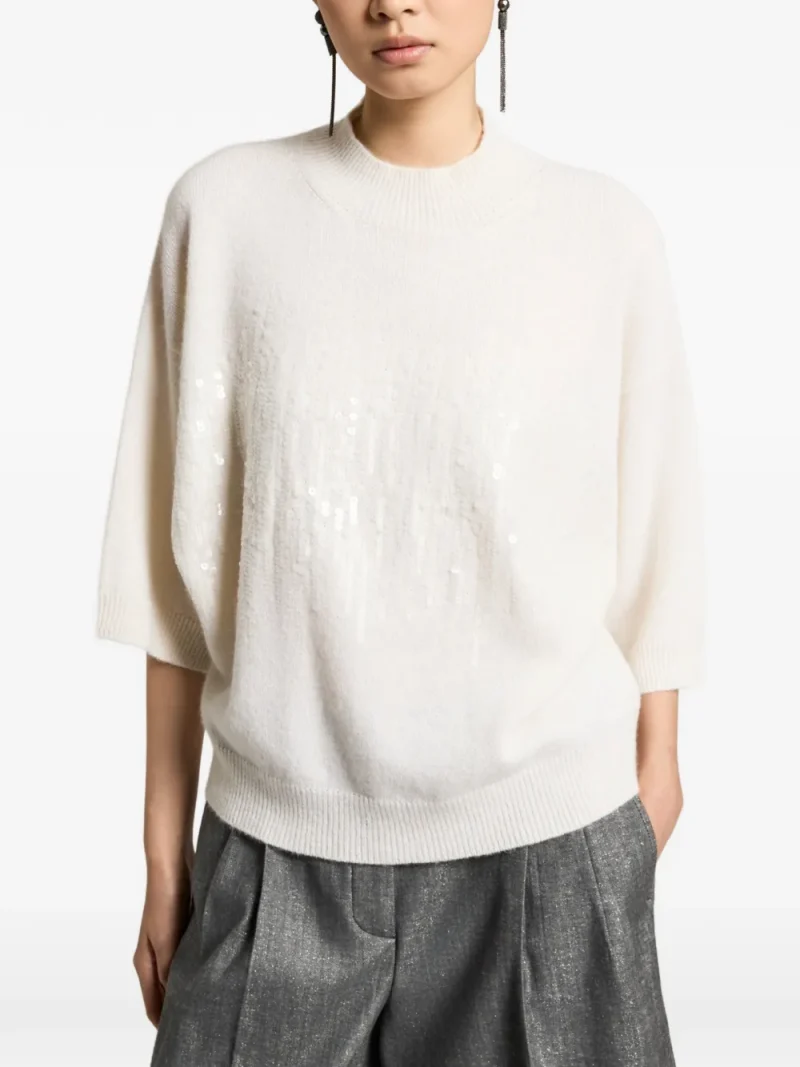 Pulover Peserico Sequin-Embellished Short-Sleeve alb - imagine 3