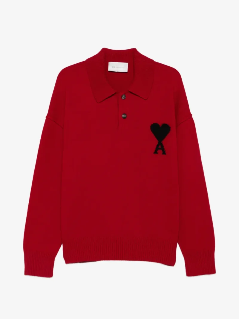 Pulover white wool polo with Ami de Coeur rosu