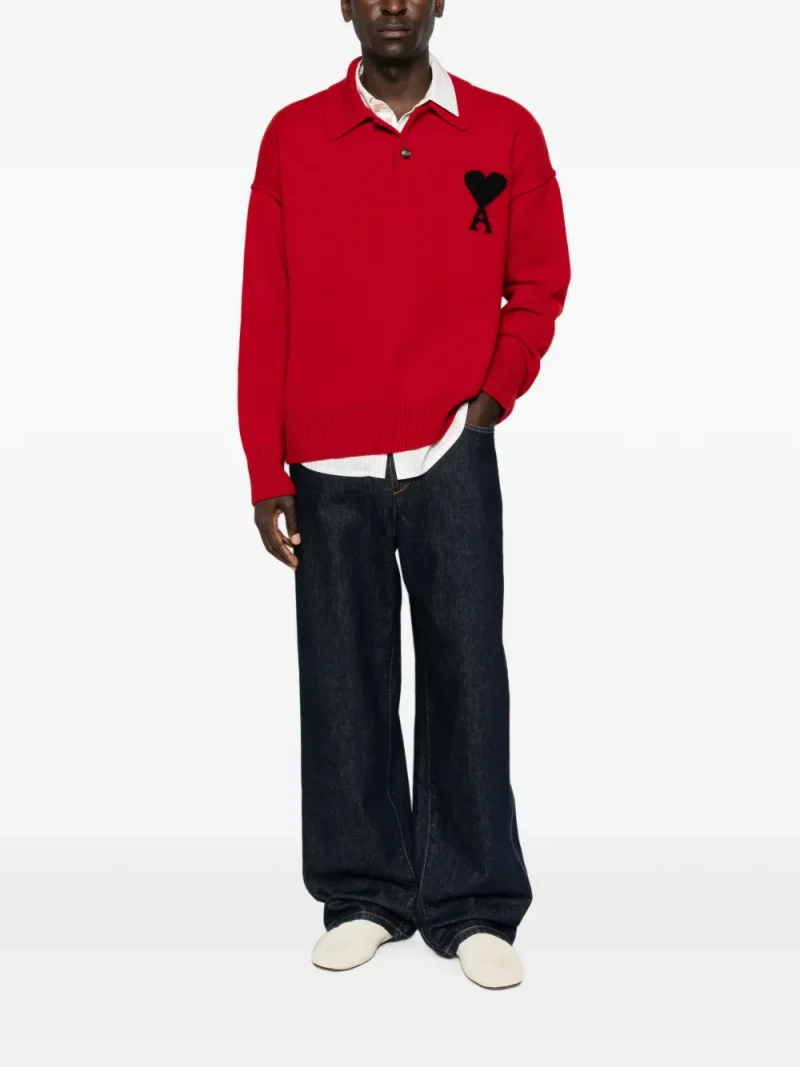 Pulover white wool polo with Ami de Coeur rosu - imagine 4