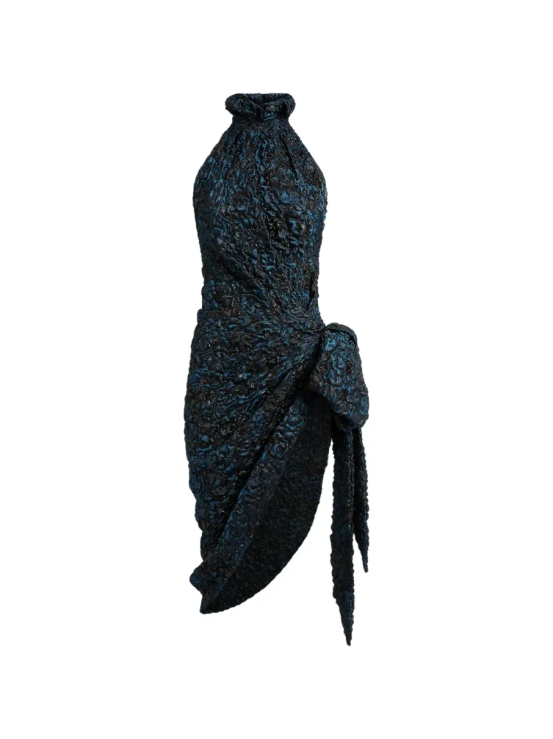 Rochie midi Balmain Draped Cloque Jacquard albastru