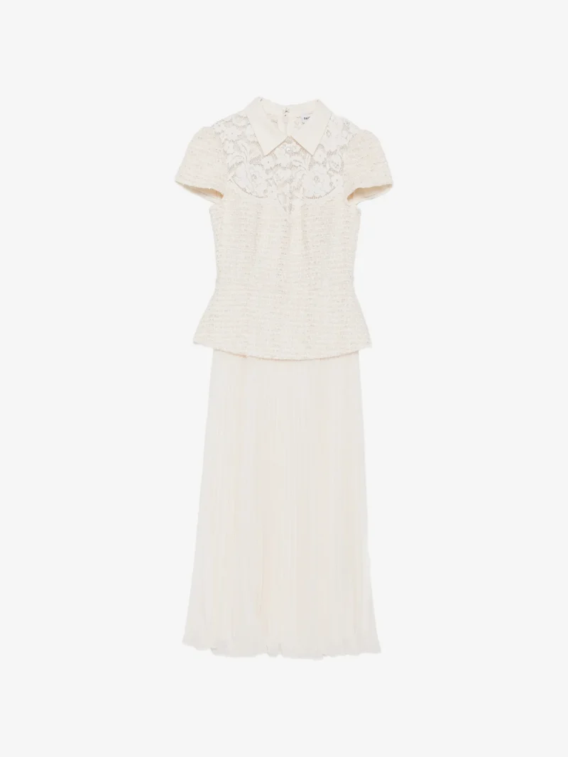 Rochie midi Self-Portrait lace-panelled pleated bej