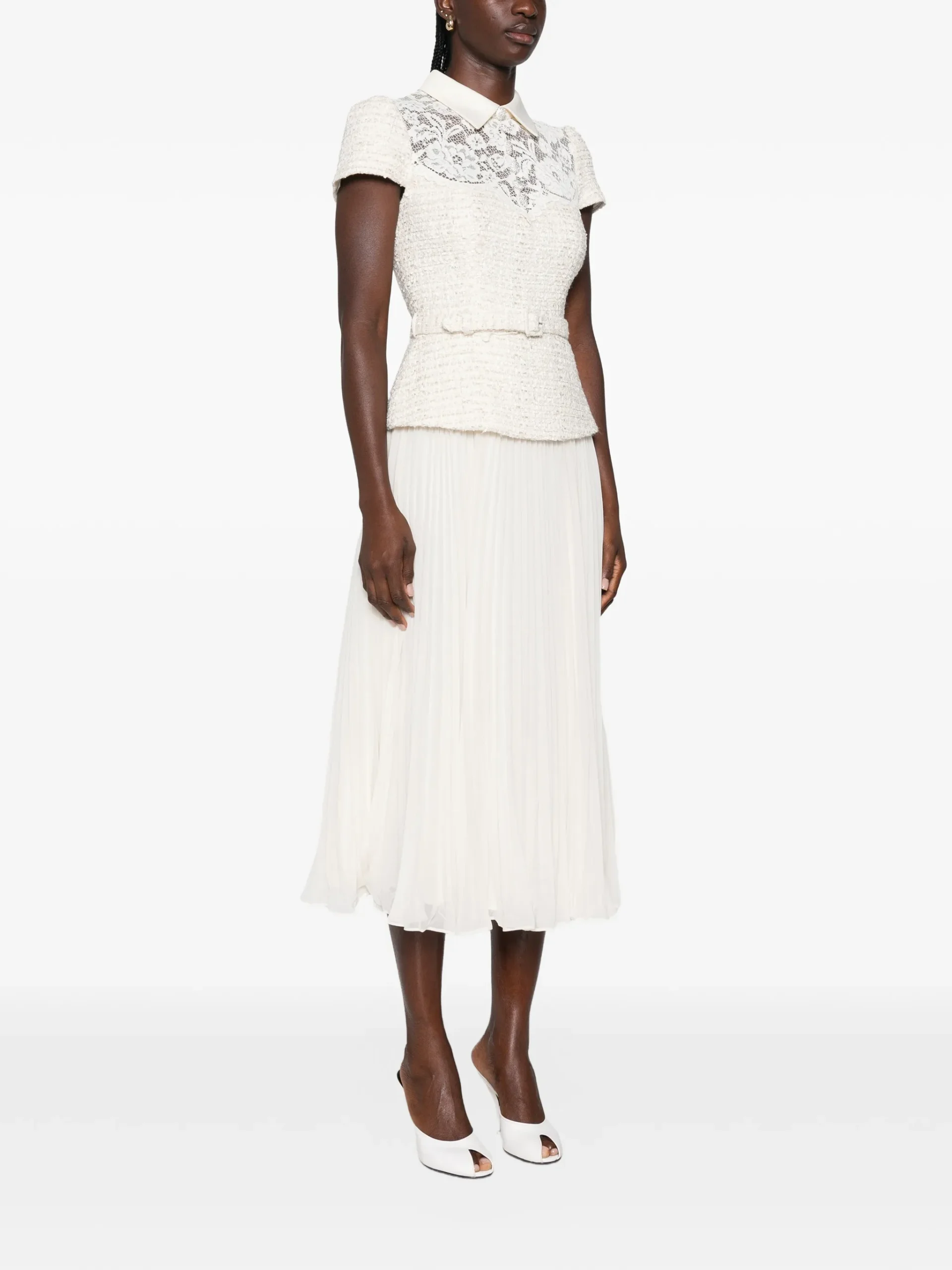 Rochie midi Self-Portrait lace-panelled pleated bej - imagine 5