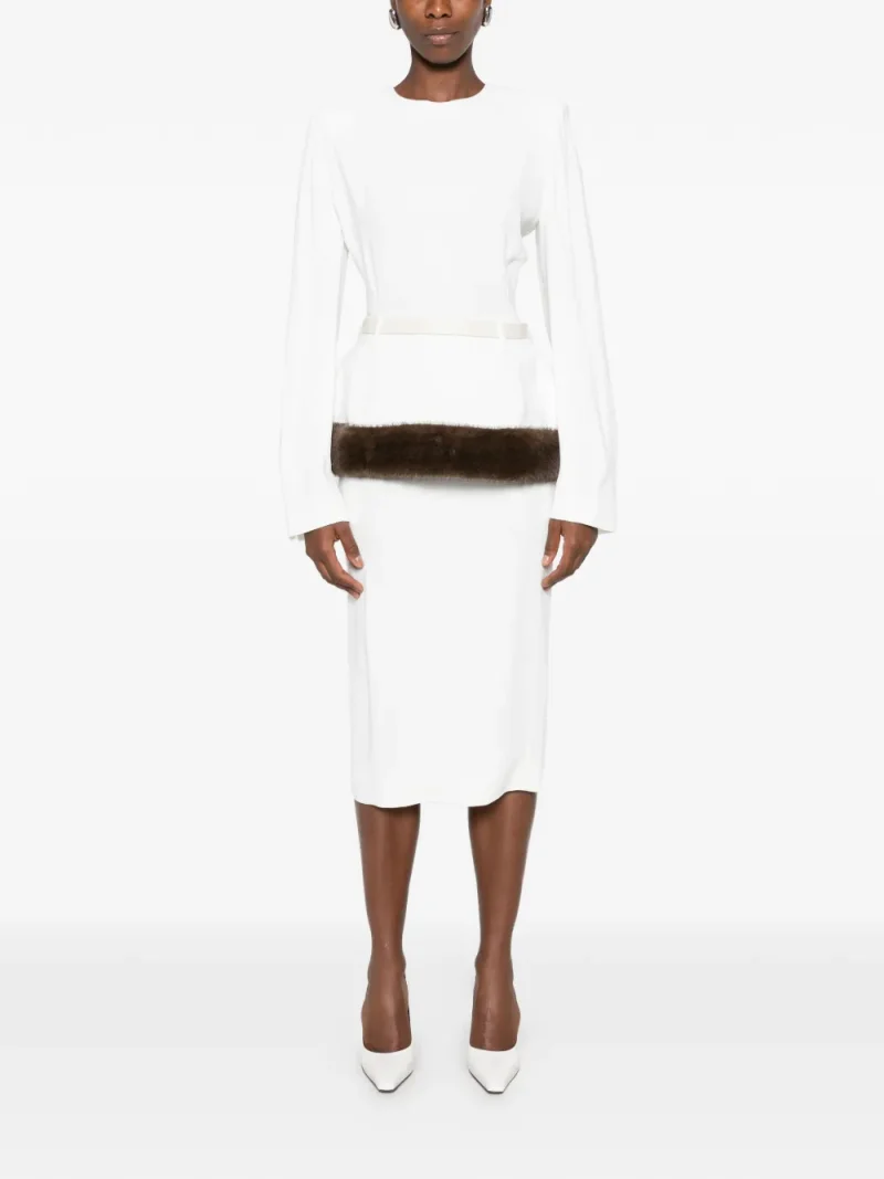 Rochie midi Stella McCarteny Faux-Fur Trim Peplum alb - imagine 4