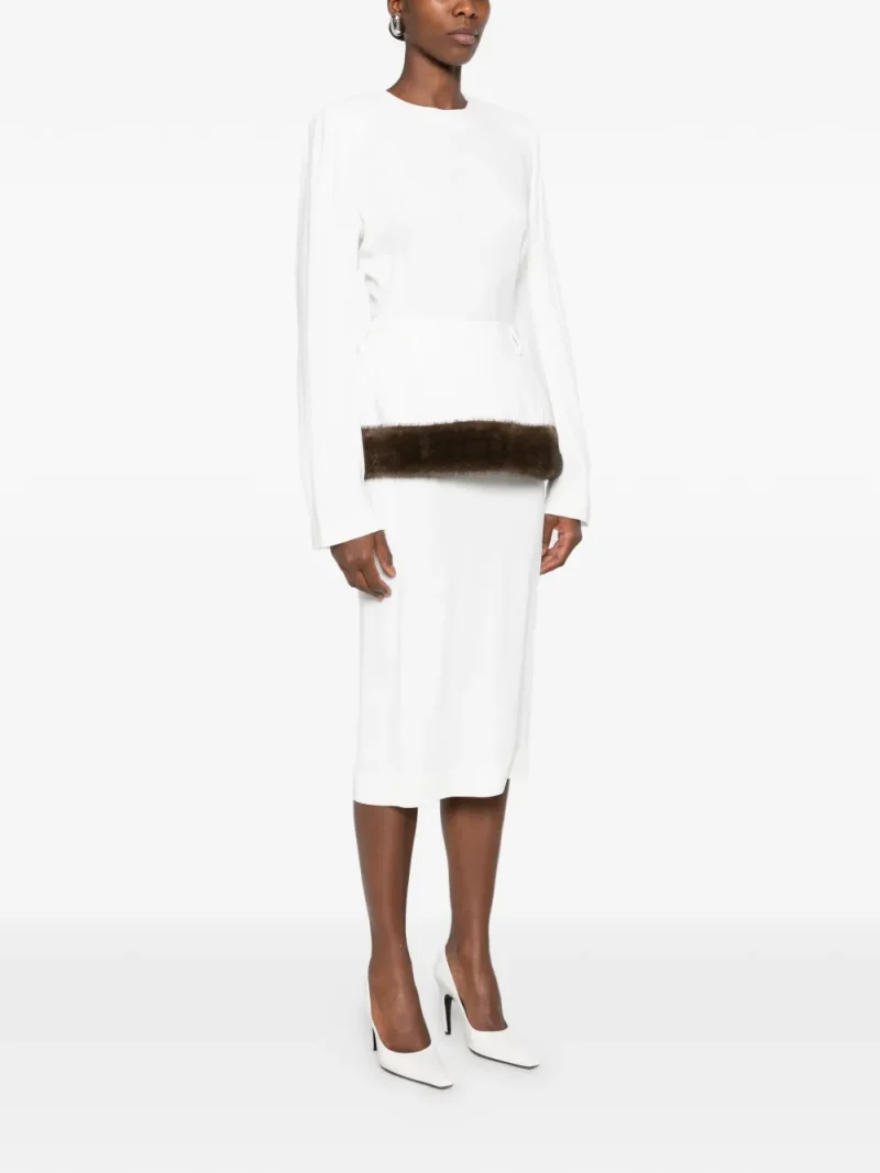 Rochie midi Stella McCarteny Faux-Fur Trim Peplum alb - imagine 3