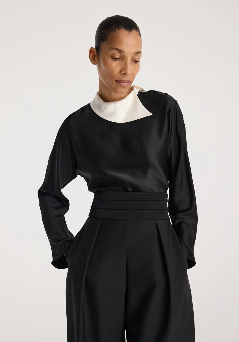 Top Rohe Button-Shoulder Satin negru - imagine 3