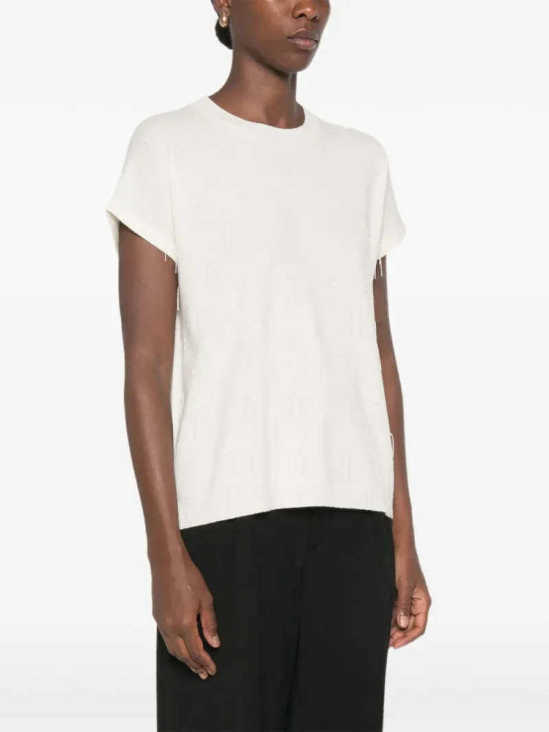 Tricou Fabiana Filippi Bead-Embellished Short-Sleeve alb - imagine 3