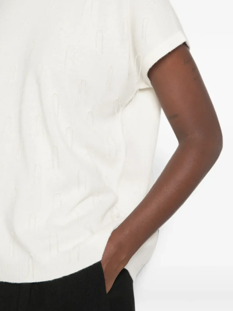 Tricou Fabiana Filippi Bead-Embellished Short-Sleeve alb - imagine 5