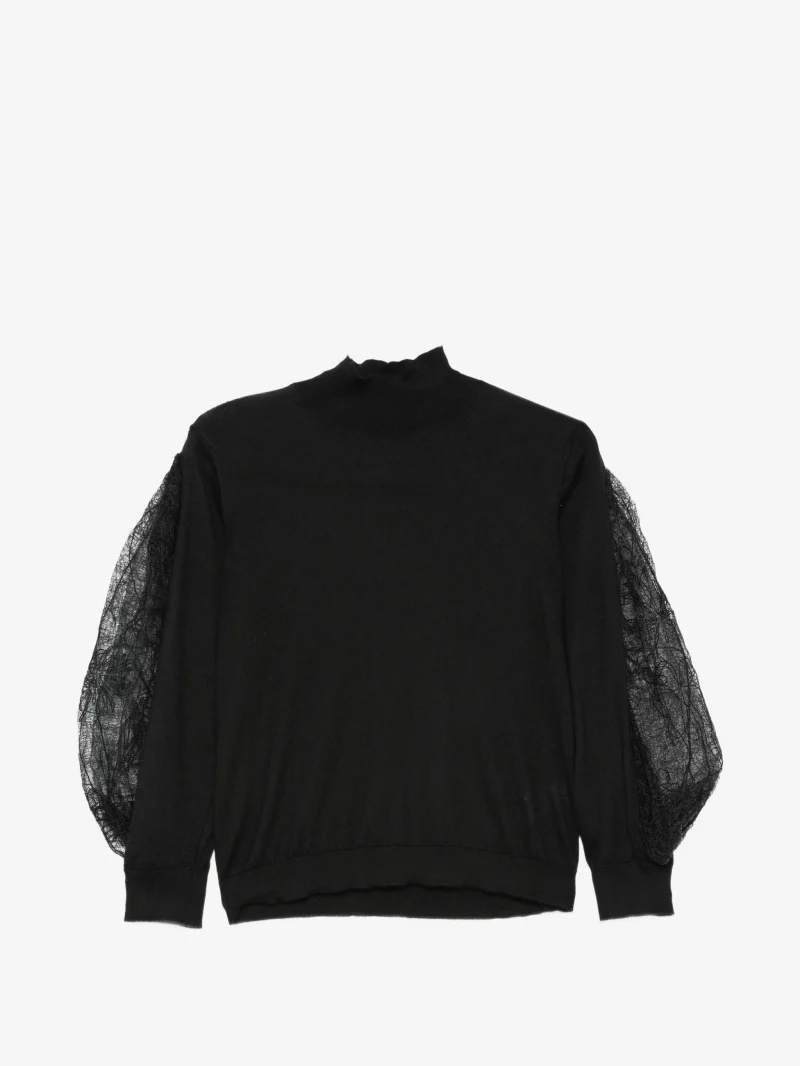 Pulover Fabiana Filippi lace-panel balloon-sleeve negru