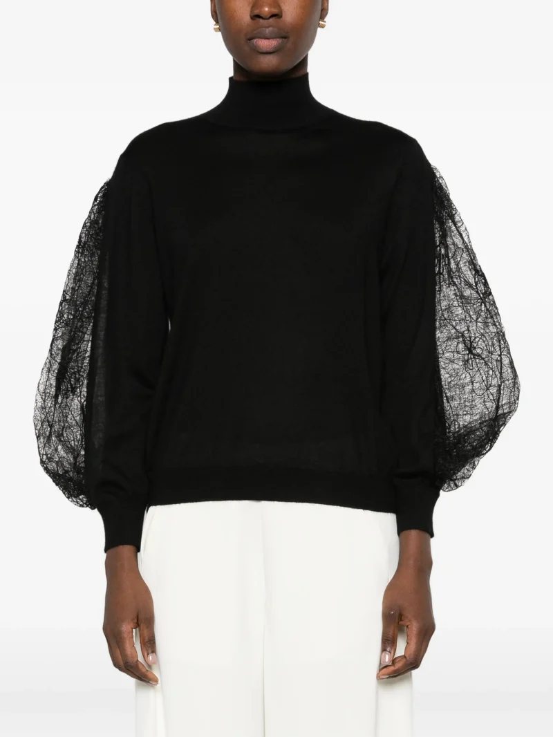 Pulover Fabiana Filippi lace-panel balloon-sleeve negru - imagine 5