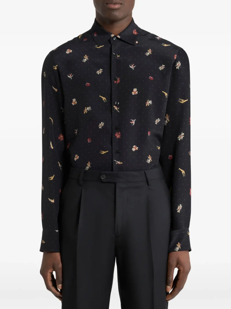 Camasa ETRO Silk Micro Flower and Animal Motif negru - imagine 3