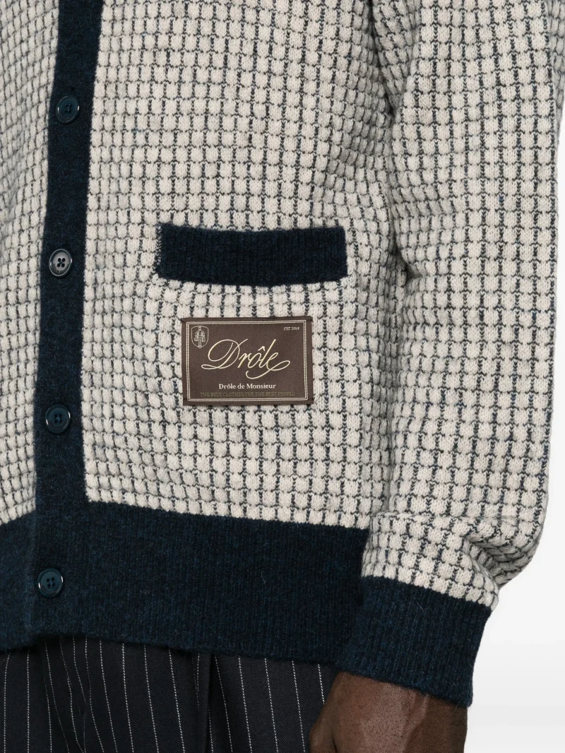 Cardigan Drole de Monsieur Waffle-Knit Logo-Patch bej - imagine 5