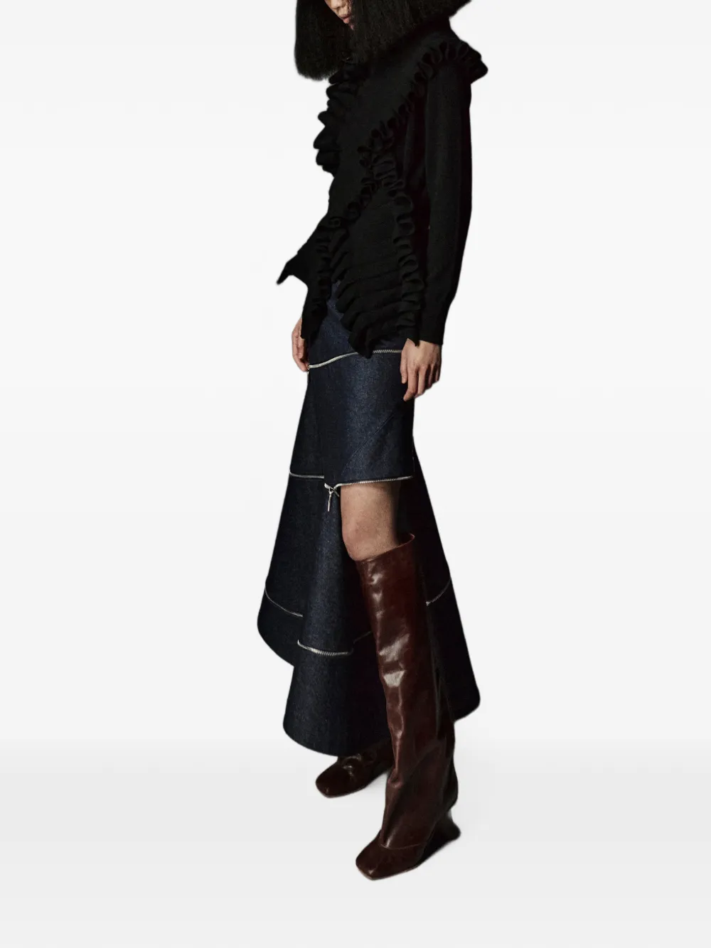 Fusta midi A.W.A.K.E. Mode multi-zip denim albastru - imagine 3