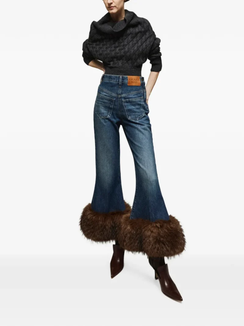 Jeans A.W.A.K.E. Mode Faux-Fur Hem Flared albastru - imagine 4